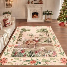 Christmas Living Room Rug 5x7 Machine Washable, Xmas Reindeer Area Rug for Be...