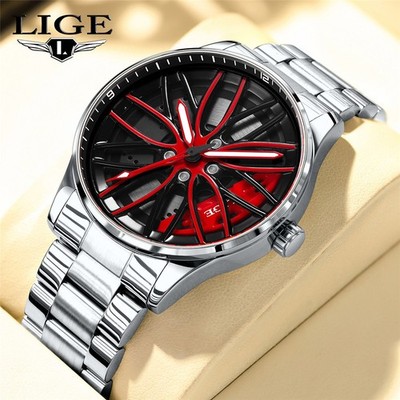 LIGE Men Quartz Watch Rotating Dial Sport Wristwatch Males Stainless Steel Watch