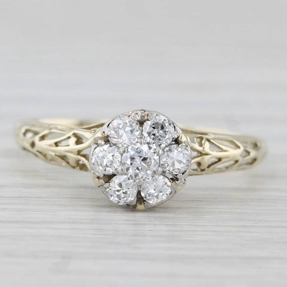 Antique 0.26ctw Diamond Flower Cluster Engagement Ring 14k Yellow Gold Size 7.25 - Image 2 of 4