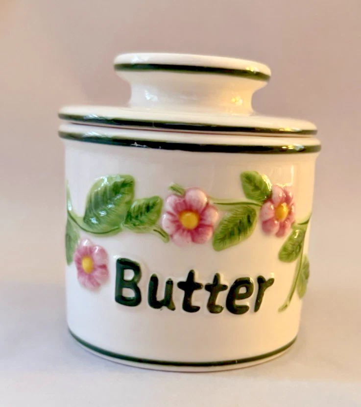 The Original 1997 Butter Bell Crock With Floral Design Pink Green 4 inches
