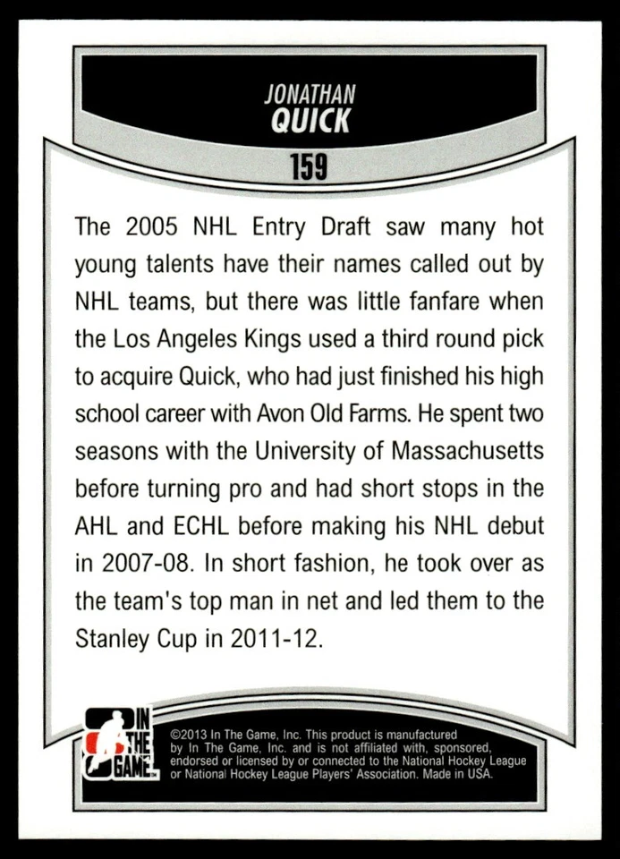 2013-14 In The Game Draft Prospects Jonathan Quick Los Angeles Kings #159 - Image 2 of 2