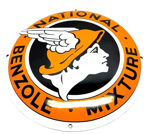National Benzole Mixture - Vintage Porcelain Sign Motor Oil - "Mercury" Emblem