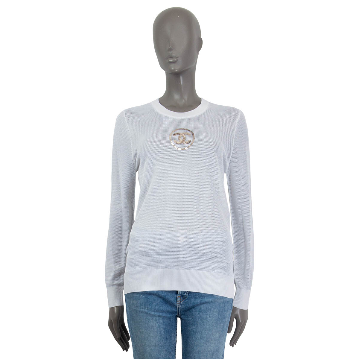 65400 auth CHANEL white viscose 2019 19P MESH SEQUIN CC Sweater 38