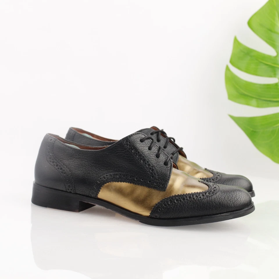 Cole Haan Womens Jagger Oxford Size 8 Black Gold Wingtip Lace Up Dress Shoe Flat