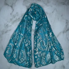 Sheer Teal Extra-Lightweight Scarf with Metallic Silver Paisley Accents