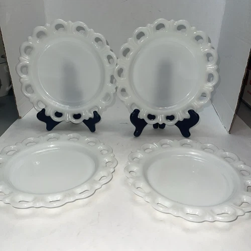 Vtg Anchor Hocking Milk Glass Old Colony Scalloped Open Lace Edge 8” Plate Set/4