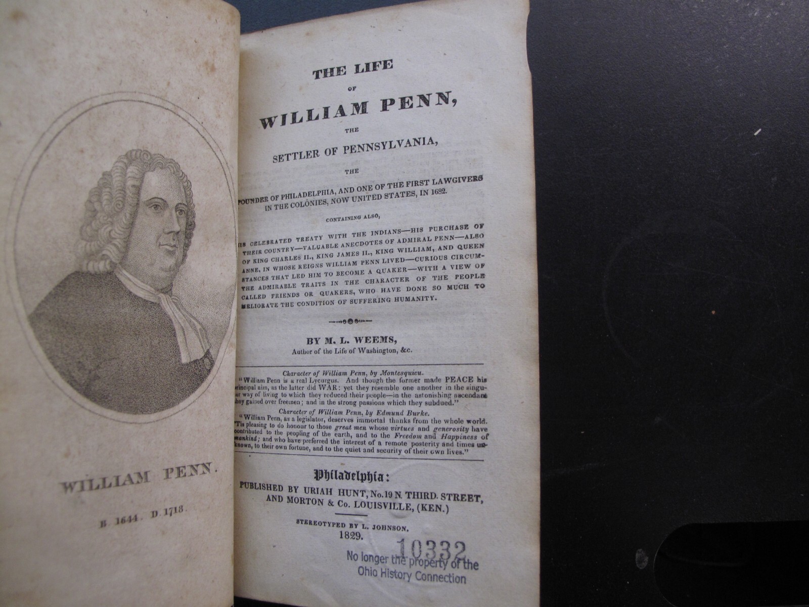 Weems Biography William Penn w Portrait 1829 Pennsylvania Settler Law Colonies