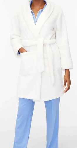 J Crew White Ivory Plush Thick Bath Robe Fuzzy Midthigh Tie AZ154 Women's S/M - Picture 2 of 5