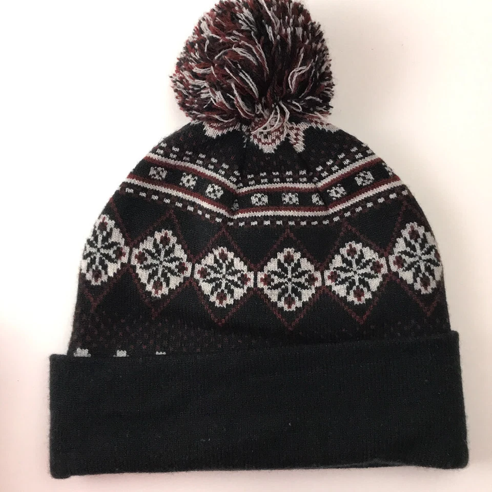 Empyre Est 1999 Negro Invierno Pom Sombrero con Patrón Rojo Oscuro Blanco Foto 2 de 4