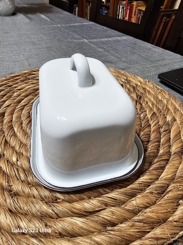 White Enamelware Butter Dish w/Lid Black Rim Butter Stick Holder Steel Farmhouse - Picture 3 of 10