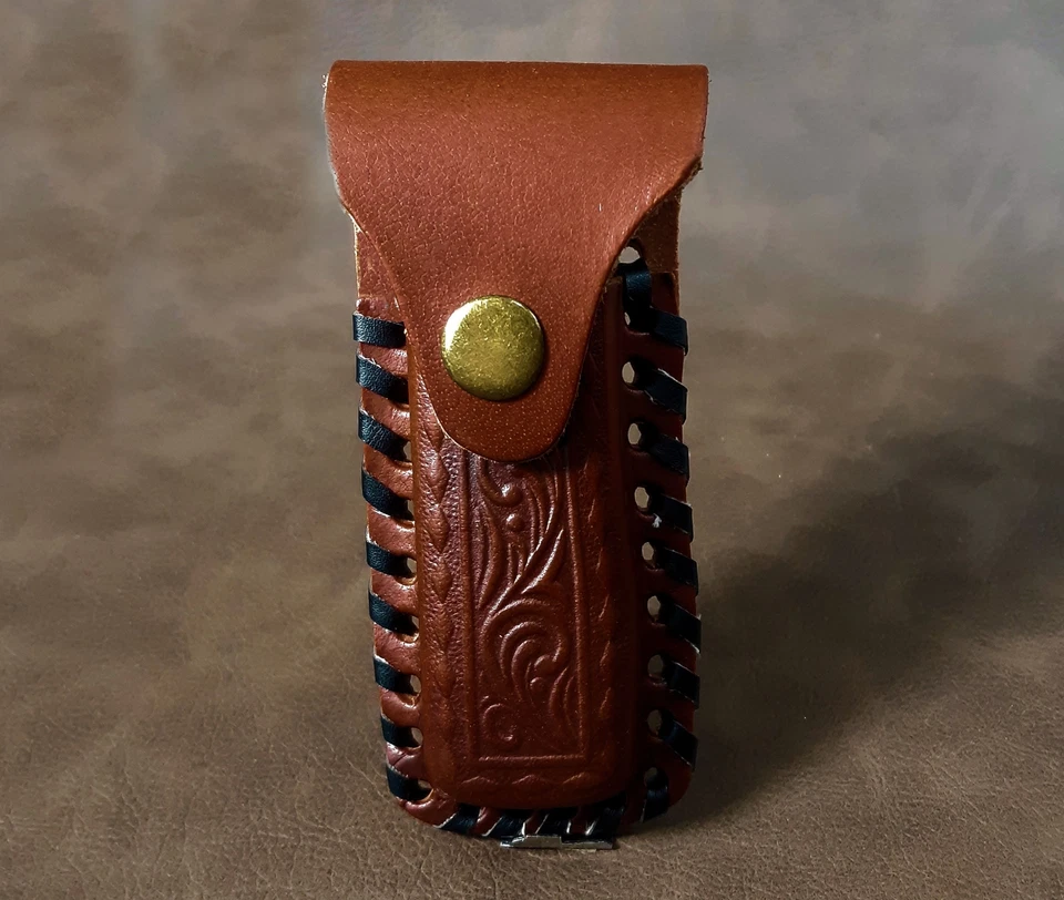 Navaja de bolsillo plegable EDC con mango de hueso real Lockback con funda de cuero Foto 4 de 4