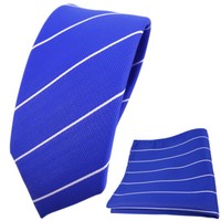 Schmale Tigertie Krawatte + Einstecktuch Blau Ultramarinblau Silber Gestreift