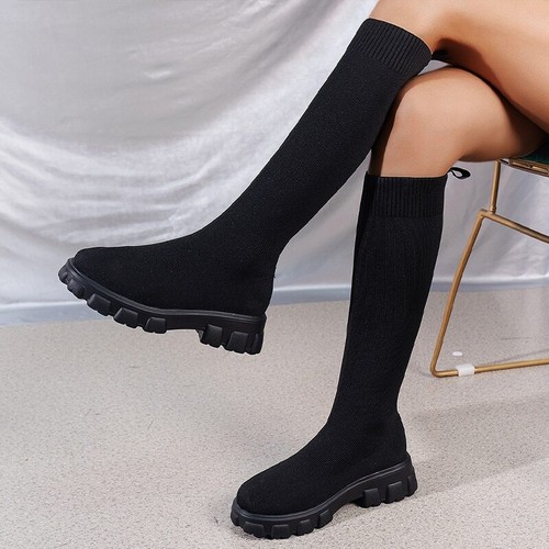 Strick Kniehohe Stiefel Stretch Sockenstiefel Plateau Slim High Heel Langstiefel - Bild 19 von 34