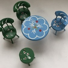 Vintage Doll House Dining Furniture Table Chairs Handmade  Painted German