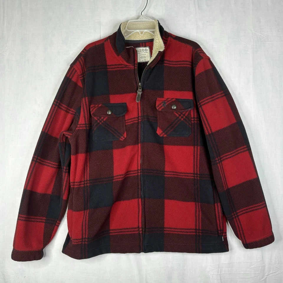 Izod Shacket Para Hombres Grande Rojo Negro Búfalo Cuadros Polar Camisa Chaqueta Exterior Foto 3 de 4