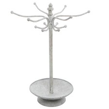 White Metal Jewelry Tree Organizer, Necklace Rack Stand w/ Ring Tray 12 Hooks