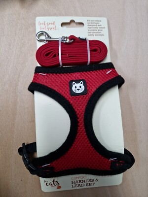 4) Pets At Home Cat Comfort Mesh Harness Lead Set, Red UK