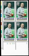 US 1988 SC#2376 KNUTE ROCKNE POSTAGE STAMP P# BLOCK OF 4 MNH
