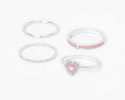 Claire's pack stackable pink heart silver enamel ring set UK
