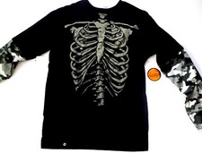 Halloween Skeleton Long Sleeve Shirt Black Camo Sleeve w/Graphics Size 14-16 