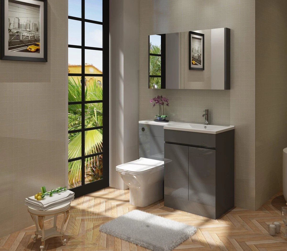 Bathroom Vanity Unit Designer Furniture Suite Back to Wall WC Toilet Basin Sink