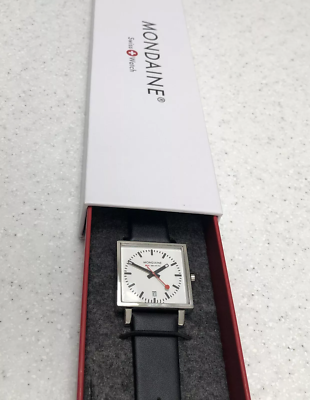 Mondaine Evo Big Square Watch, White Face, Black Leather, Date