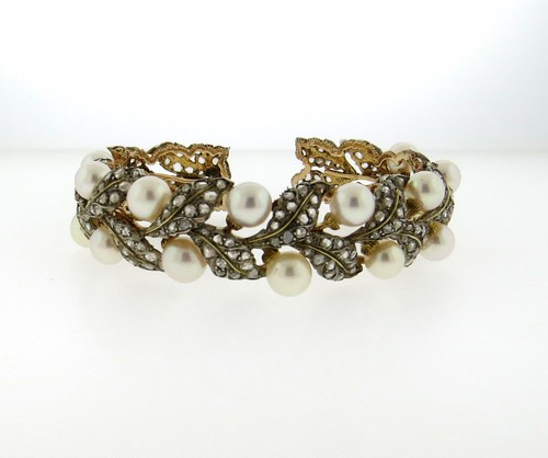 Buccellati 18k Gold Silver Rose Cut Diamond Pearl Leaf Motif Cuff Bracelet - Picture 2 of 8