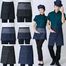 1pc Women Men Denim Half Waist Apron Waiter Uniform Stripe Two Tone Modern Decor
