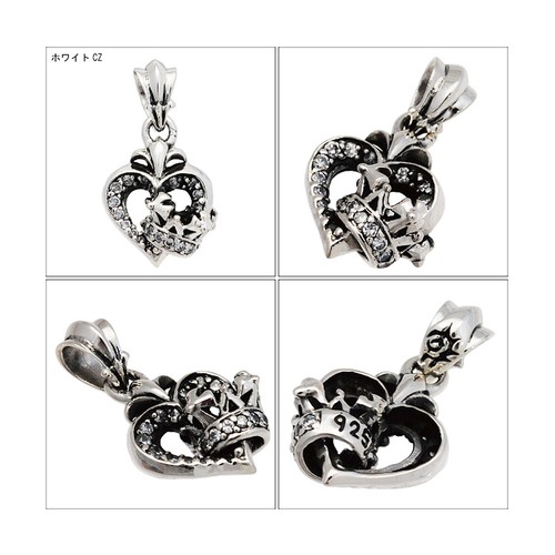CROWN HEART WHITE Cz 925 STERLING SILVER BIKER GOTHIC ROCKABILLY PENDANT db-007w - Picture 2 of 3