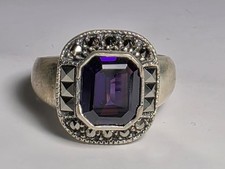 Vintage Sterling Silver Marked CN 925 Chunky Amethyst  Marcasite Ring Size 7.25