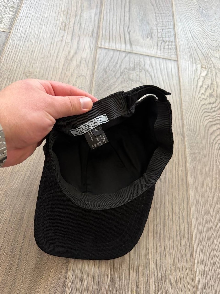 Prada Black Velvet Baseball Cap Tessuto Side Triangle Center Logo