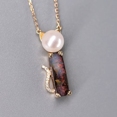 Adorable Paws Kitty Cat  Boulder Opal, Diamond & Akoya Pearl Necklace 18K Gold