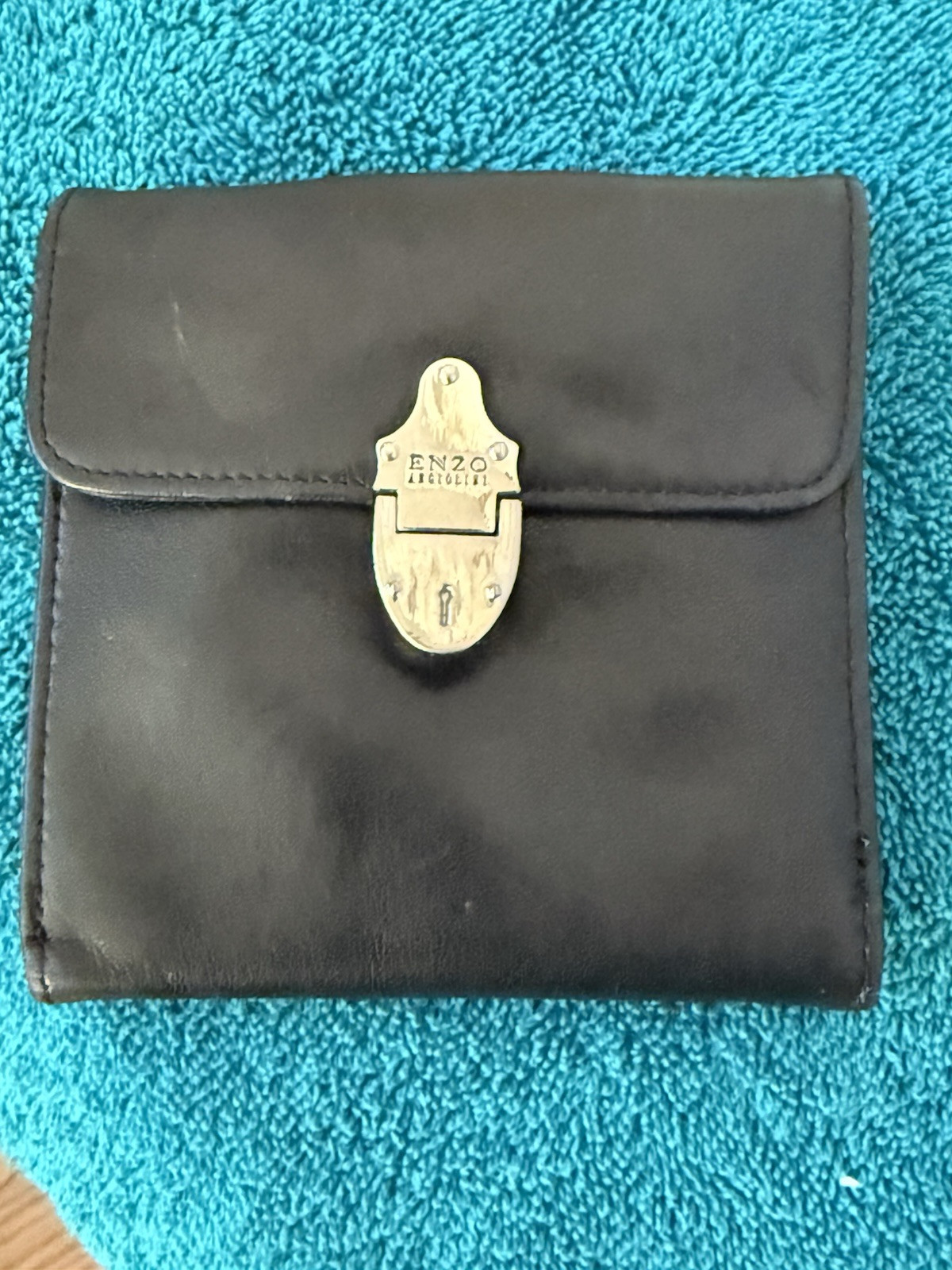 Enzo Angiolini Black Leather Wallet Change Purse With Chrome