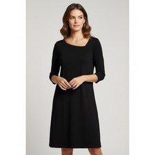 EILEEN FISHER Black Knit Shift Dress Half Sleeves Asymmetrical Neckline X-Small