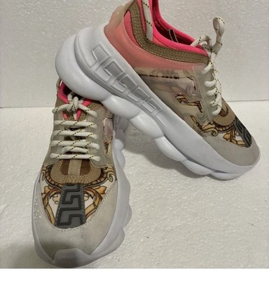 Versace Low Top Lace-Up Sneakers Beige Pink Baroque Logo Chunky White Sole