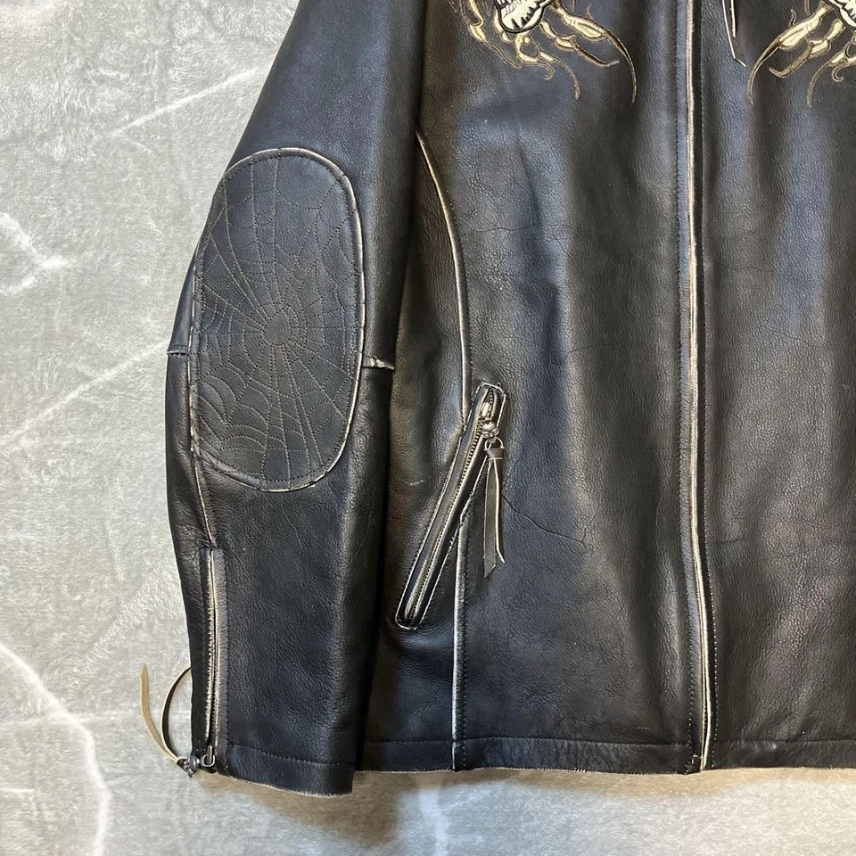 AFFLICTION Single Riders Jacket Leather Black Skull XL Embroidered From Japan - Image 3 of 4