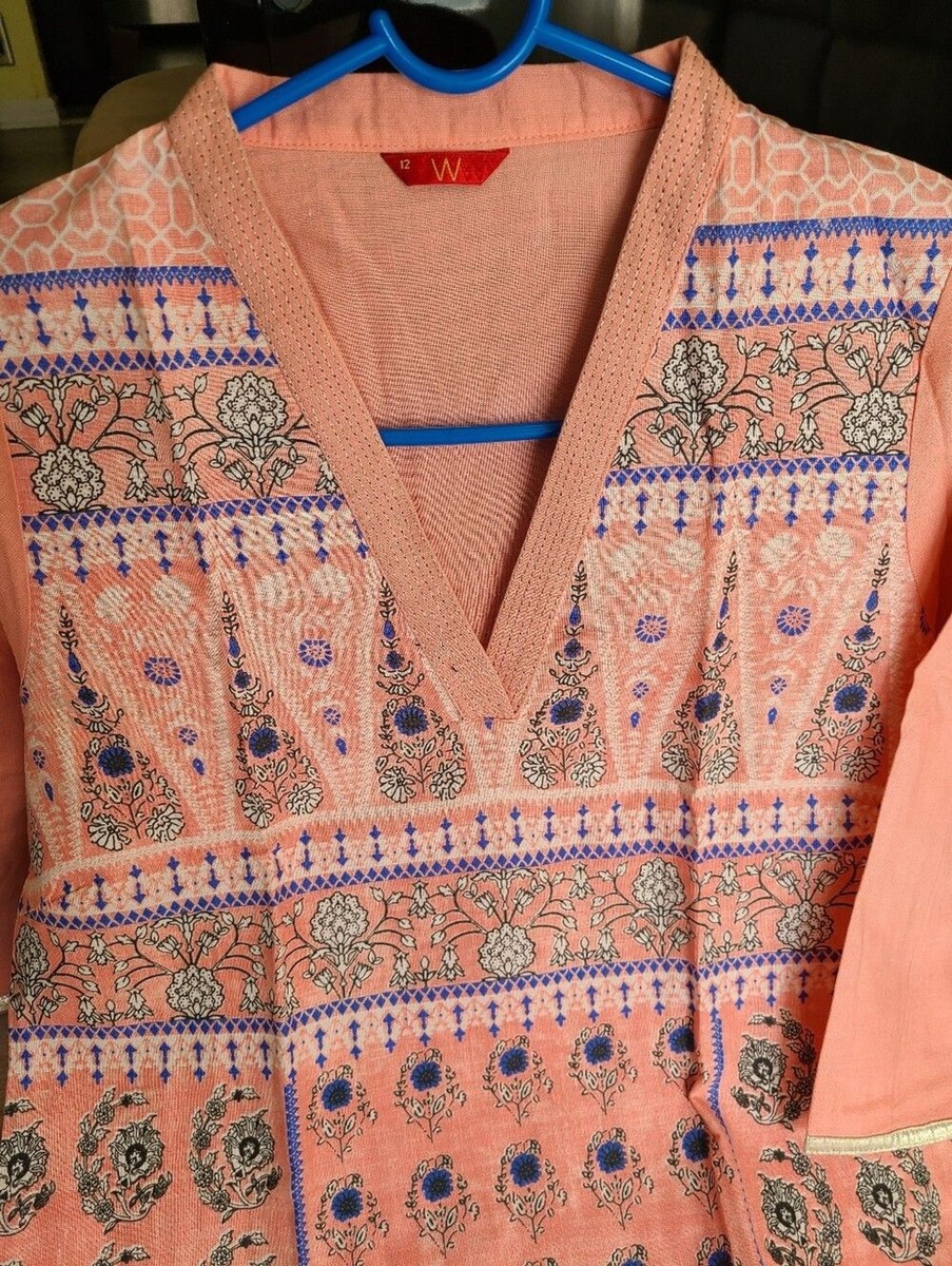 New W for women  Peach Embroidered V-Neck Kurta Top Size 12 View 3