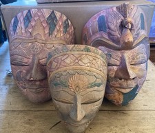 3 x Vintage  Indonesian Javanese Batik Wood Carved Folk Art Wall Masks