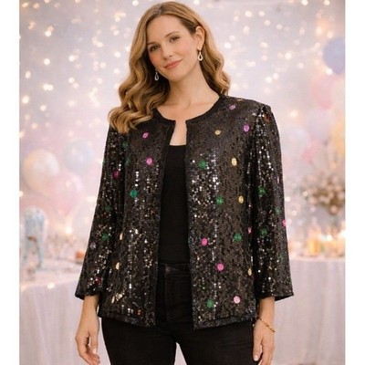 Vintage SCALA Womens Jacket M Black Silk Sequins Dots Embellished Festive Party
