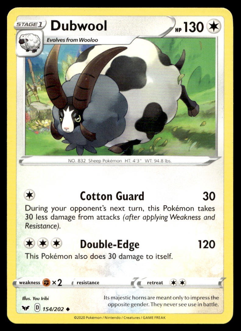 Dubwool 154/202 Pokemon Card Sword & Shield Uncommon 130 HP Lightly Played UC