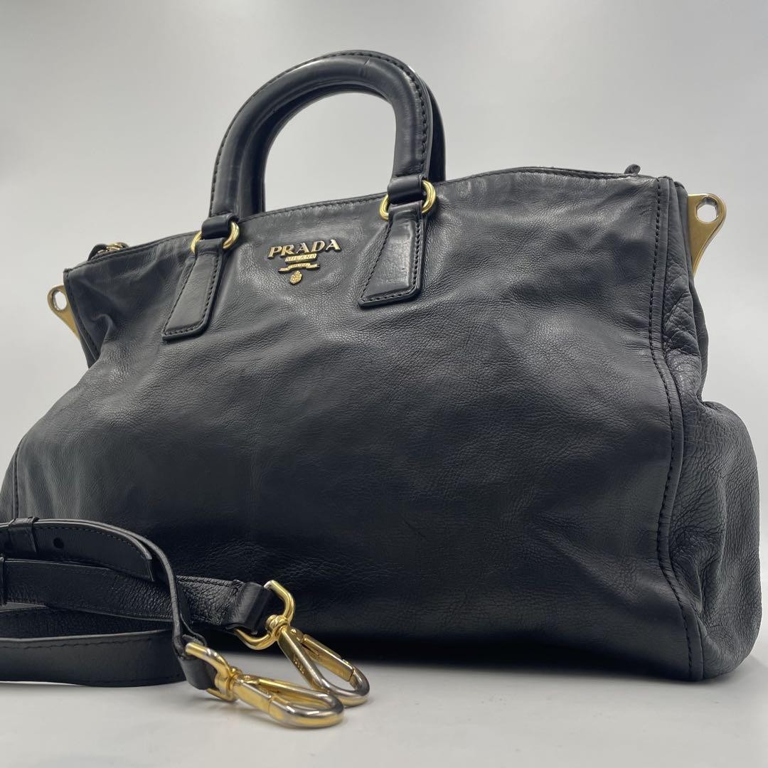 Prada Two-Way Leather Bag with Logo Fittings in Black A4 Size White Tag Included