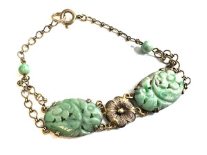 Antique Germany Sterling Silver Carved Jadeite Floral Bracelet 7"