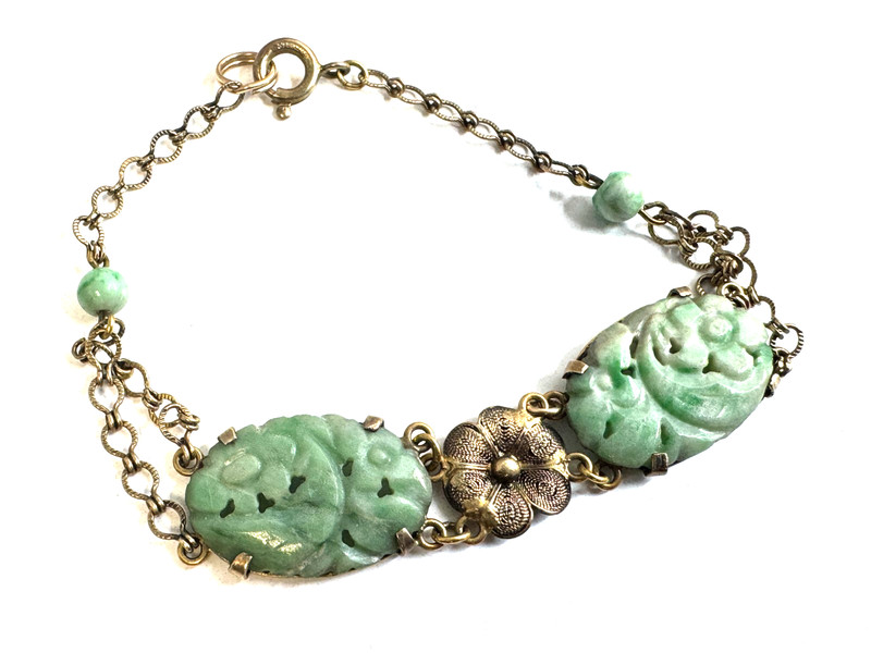Antique Germany Sterling Silver Carved Jadeite Floral Bracelet 7"