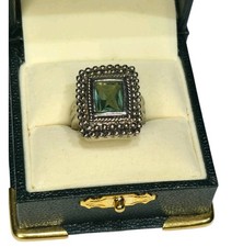 Sterling Silver Green Amethyst Prasiolite Square Statement Ring 925 Beaded 9.33g