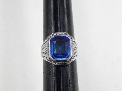 Antique Art Deco UNCAS Men's Sterling Silver Faceted Blue Stone Ring / Size 7.5