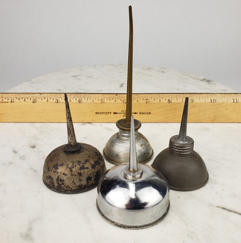 4x Mini Thumb Oilers Metal Oil Cans Vintage Metal Funnel Sewing