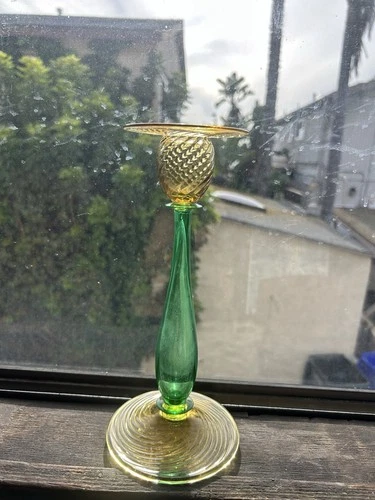 Frederick Carder Steuben Pomona Green Candlesticks 8 X 3.5”signed