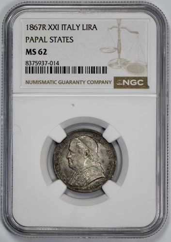1867-R XXI Italy Lira NGC MS 62 Papal States