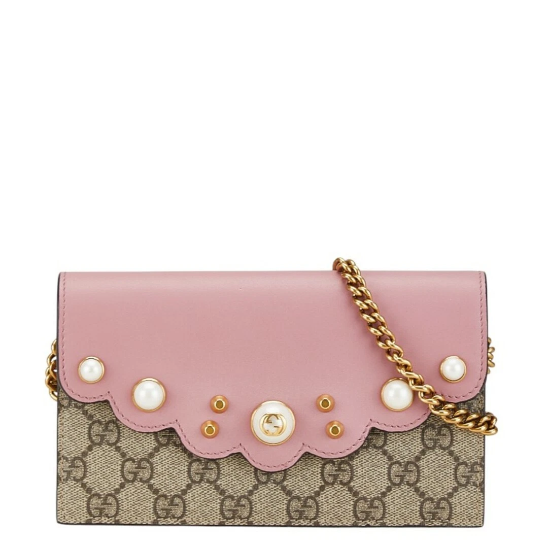 Gucci GG Supreme Pearl Chain Portefeuille Sac à Bandoulière Long Portefeuille 431478 PVC Femmes