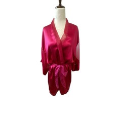 Vintage Victoria's secret Gold Label Dark Pink Satin Robe Sheer Sleeves Trim